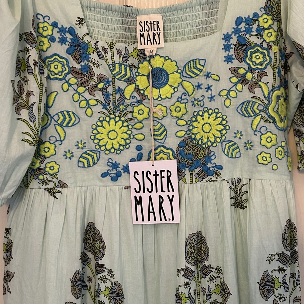 NWT Sister Mary Arianna Cottage Green Floral Hand Embroidered Cotton Mid Dress M - Picture 3 of 9